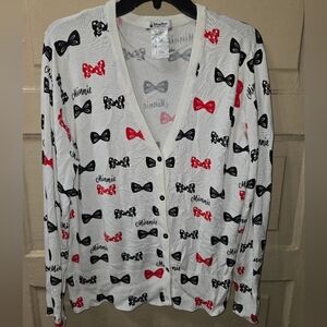 Disney Parks Minnie Mouse White Black Red Bow V-Neck Long Sleeve Cardigan